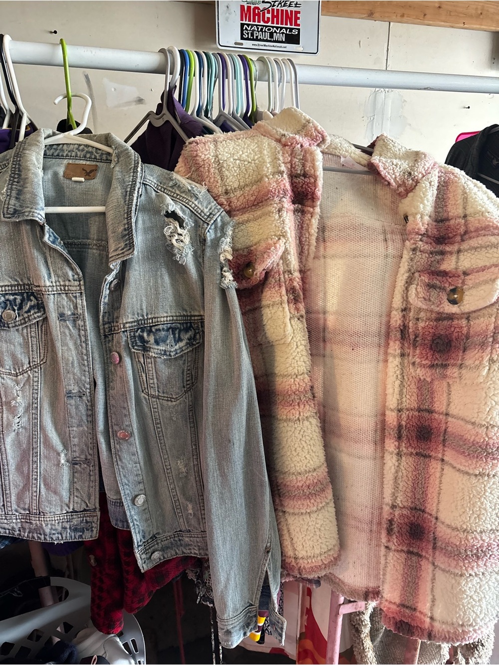 Pink Plaid Sherpa Shacket & Light Wash Distressed Denim Jacket - Set 2 for 20